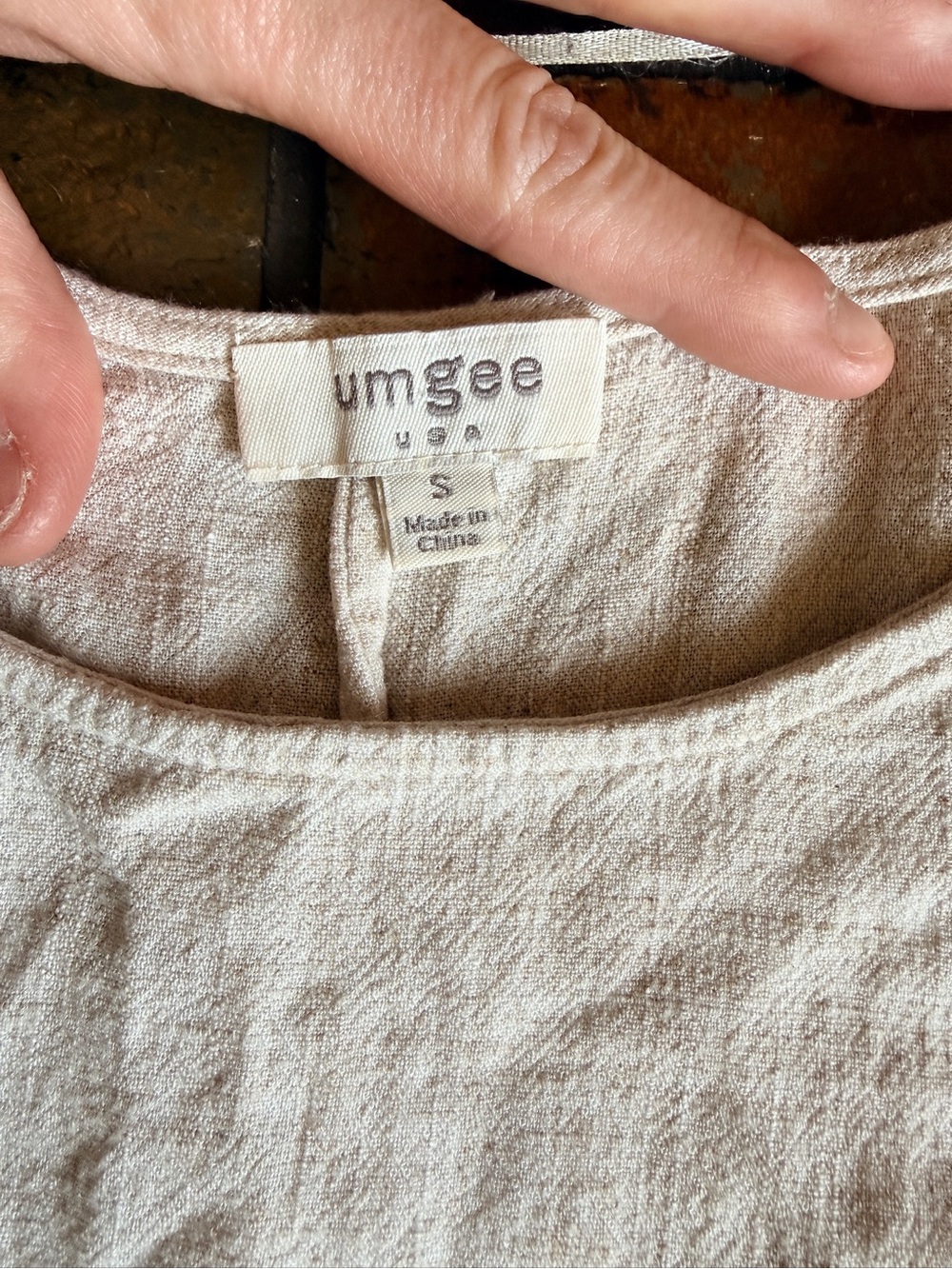Umgee fringe hem linen blend 3/4 sleeve oatmeal small cottage core blouse - Picture 2 of 5